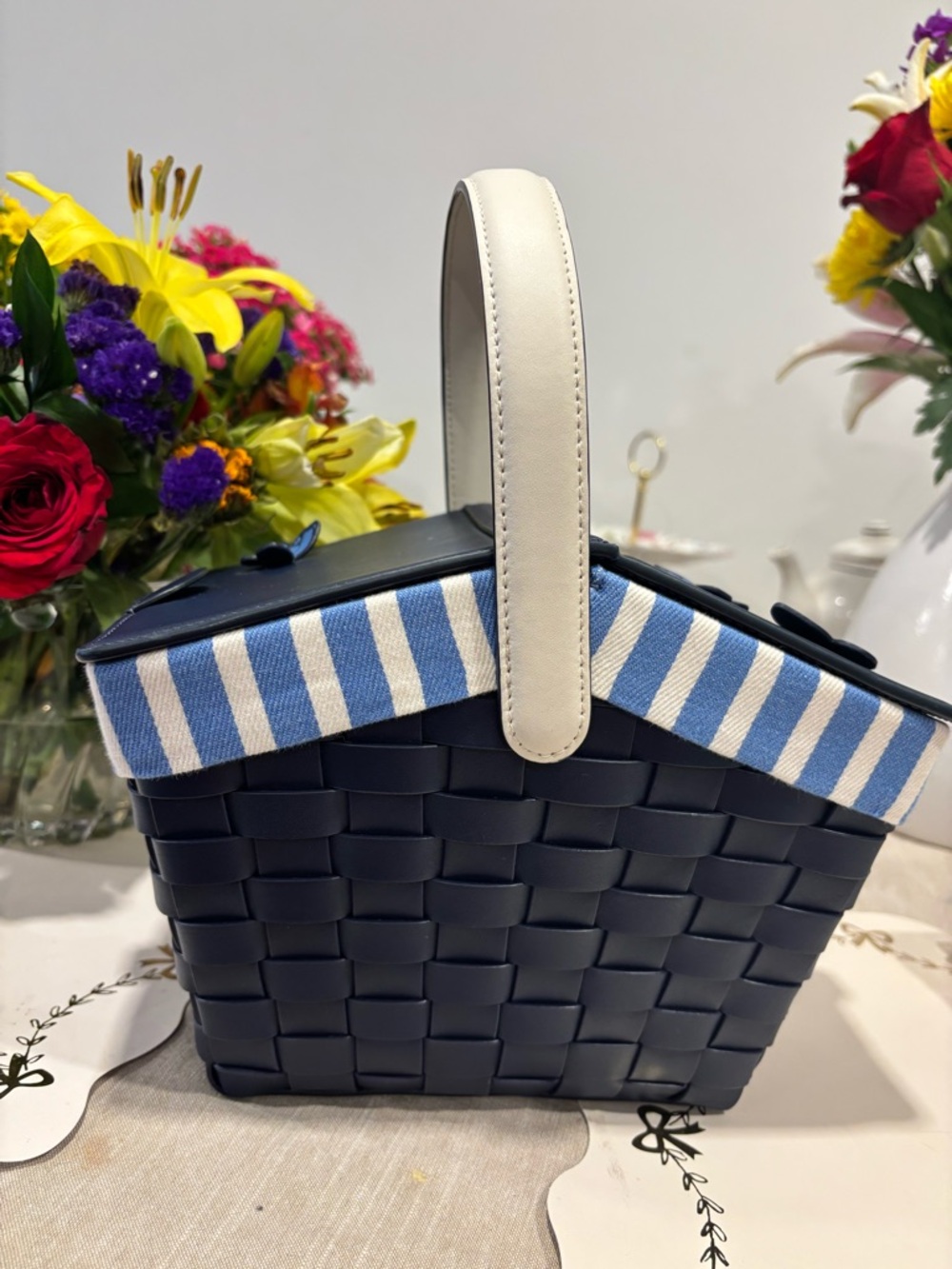 kate spade Navy Woven Picnic Basket Bag with Blue Stripes - Picture 5 of 12